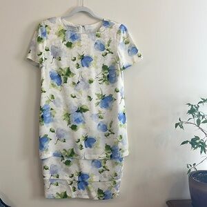 Vintage Maggy London 100% Silk Floral Dress sz 8 tiered blue White‎ Retro